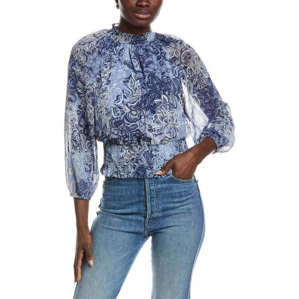 Laundry By Shelli Segal Womens  Printed Smocked Blouse, Blue